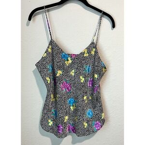 Vintage 90's Erika Taylor Camisole Lingerie Top Medium Black White Floral Satiny